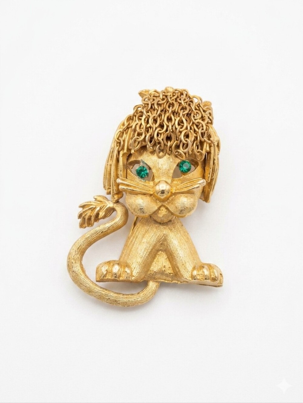 Designer Signed Vintage Green Rhinestone Eyes Lion Brooch Pin 1960's Estate